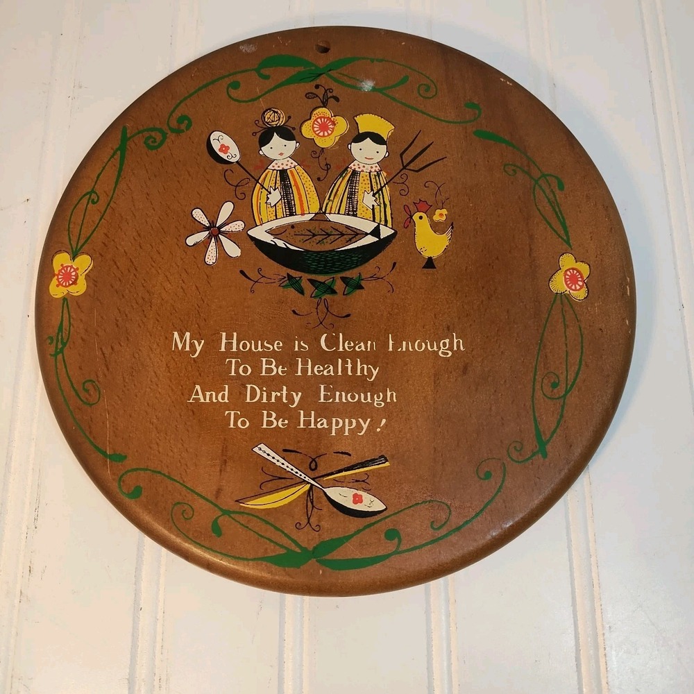 VTG Wood Enesco Japan Wall Plaque "My House Is Clean Enough" Folk Art Kitchen